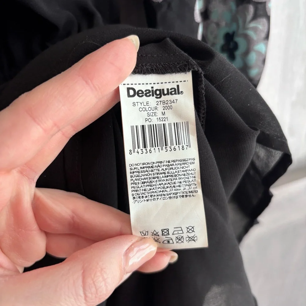 DESIGUAL Black Drop Waist‎ Flowy Dress Printed sleeves Size M - Picture 11 of 14